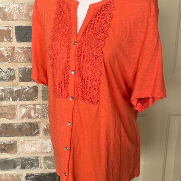 Plus Size 3X Onque Crochet Appliqué Y-Neck Rhinestone Button Orange Cotton Tunic - Picture 10 of 10